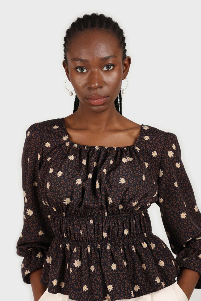 Navy and brown floral leopard smocked blouse_2
