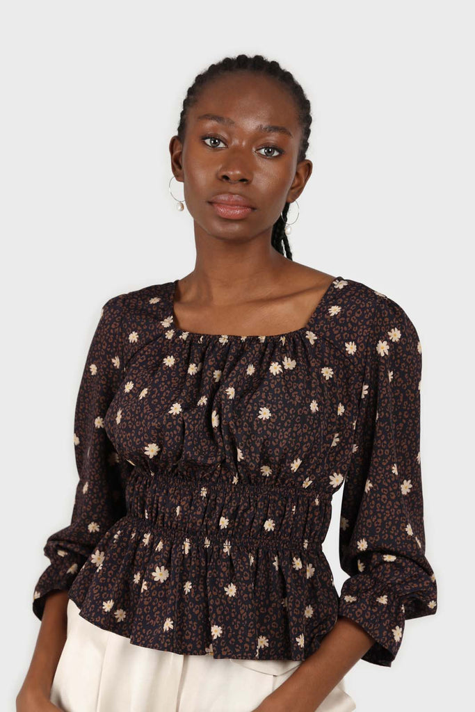 Navy and brown floral leopard smocked blouse_1