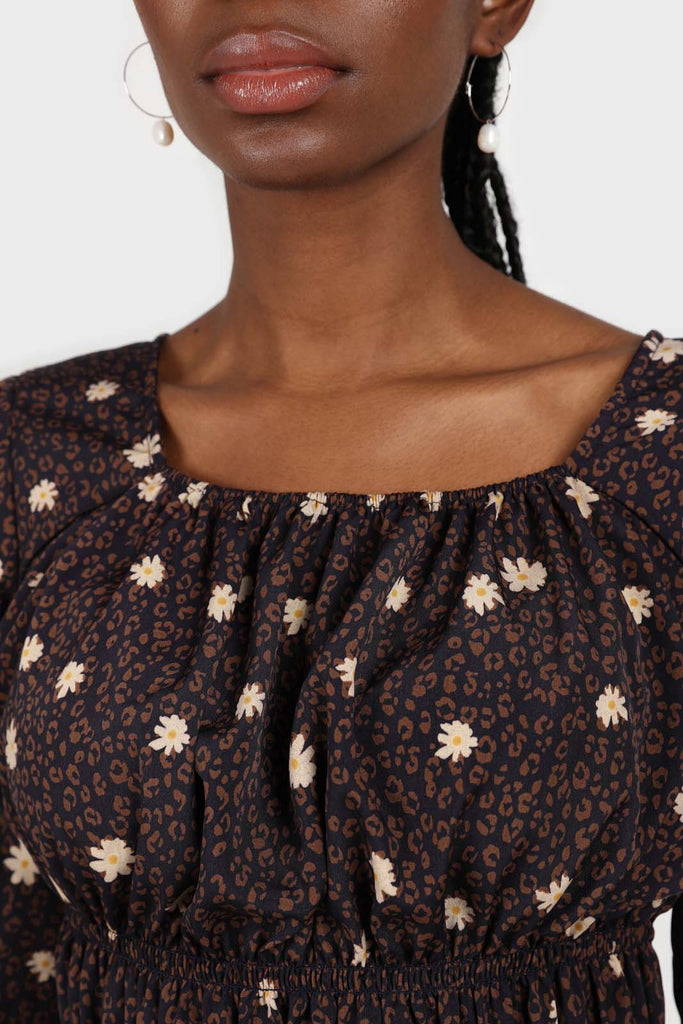 Navy and brown floral leopard smocked blouse_3
