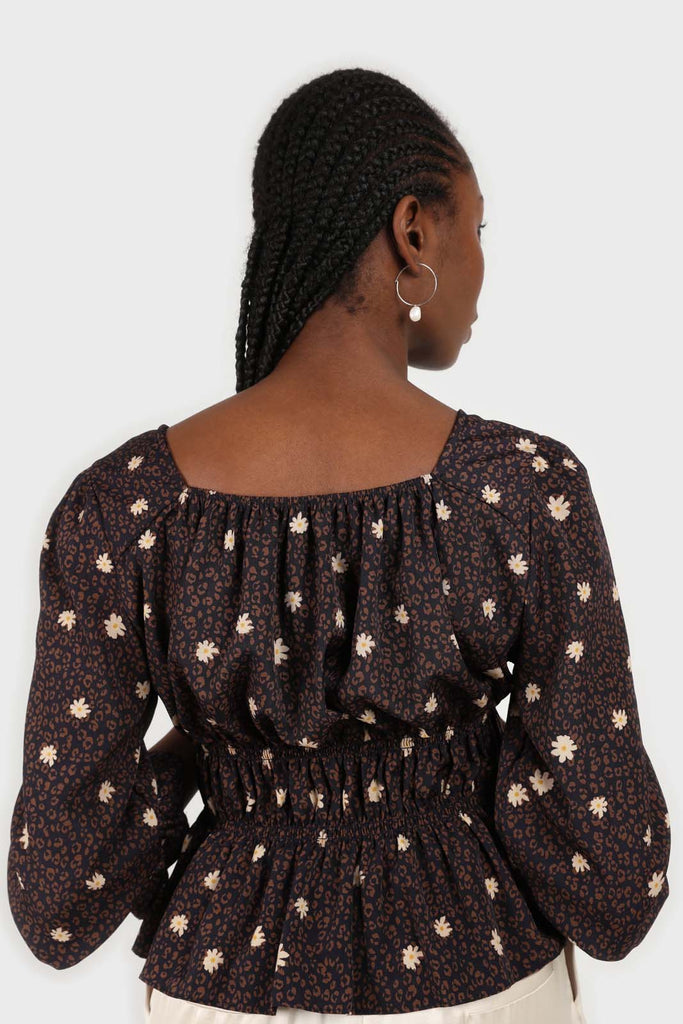 Navy and brown floral leopard smocked blouse_5