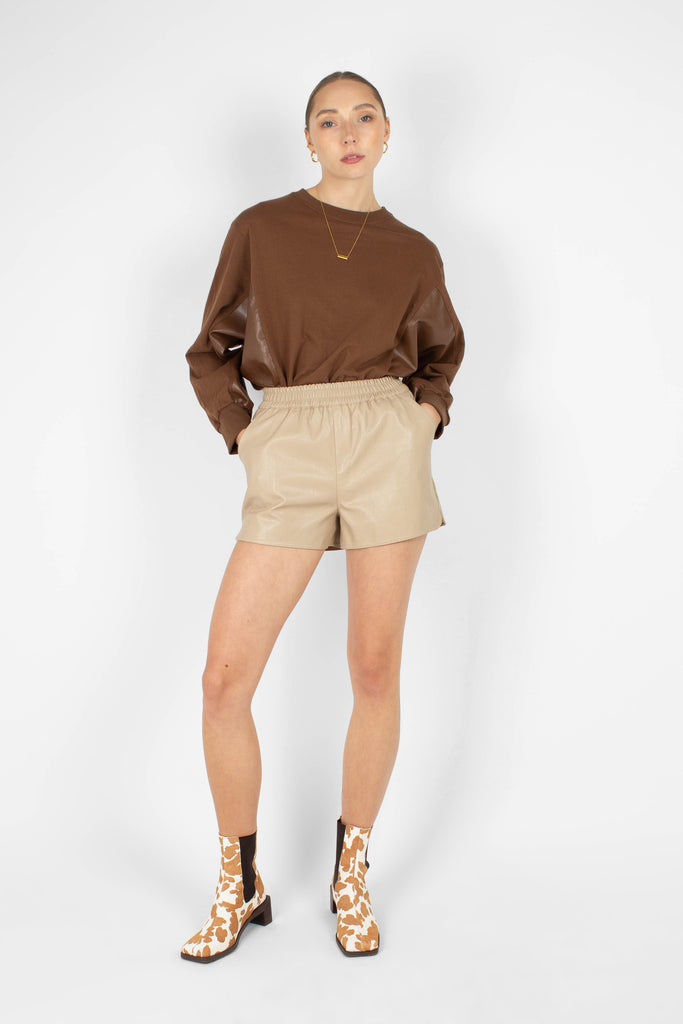 Brown vegan leather contrast panel sweatshirt_2