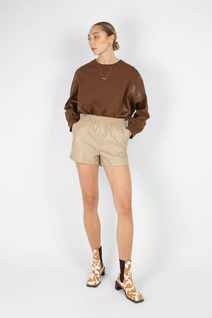 Brown vegan leather contrast panel sweatshirt_5