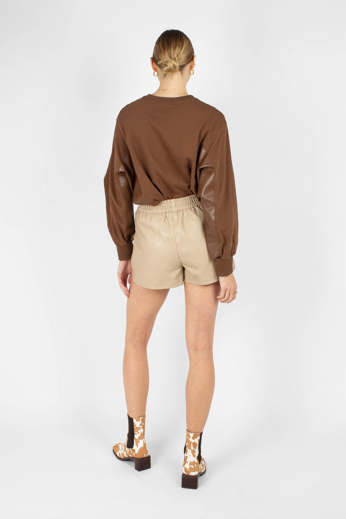 Brown vegan leather contrast panel sweatshirt_6