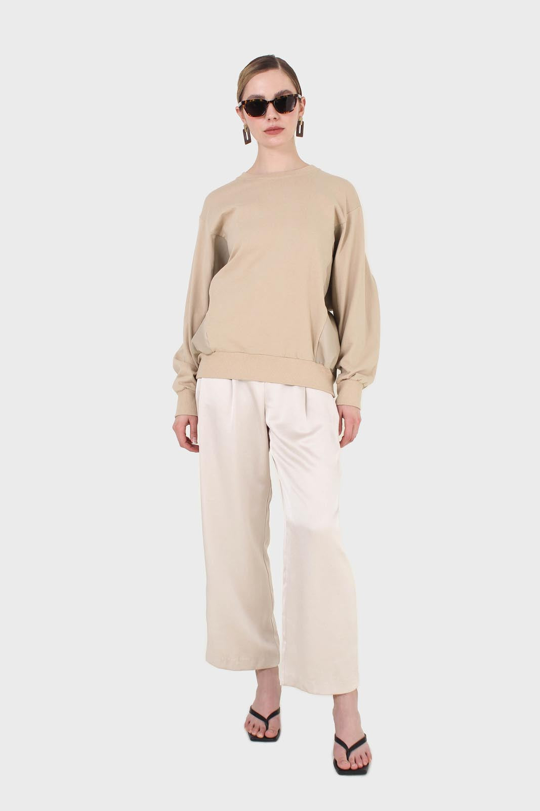 Beige vegan leather contrast panel sweatshirt_3