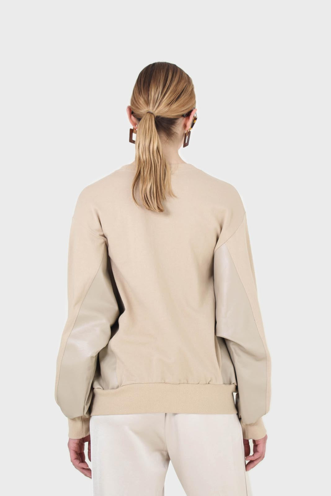 Beige vegan leather contrast panel sweatshirt_2