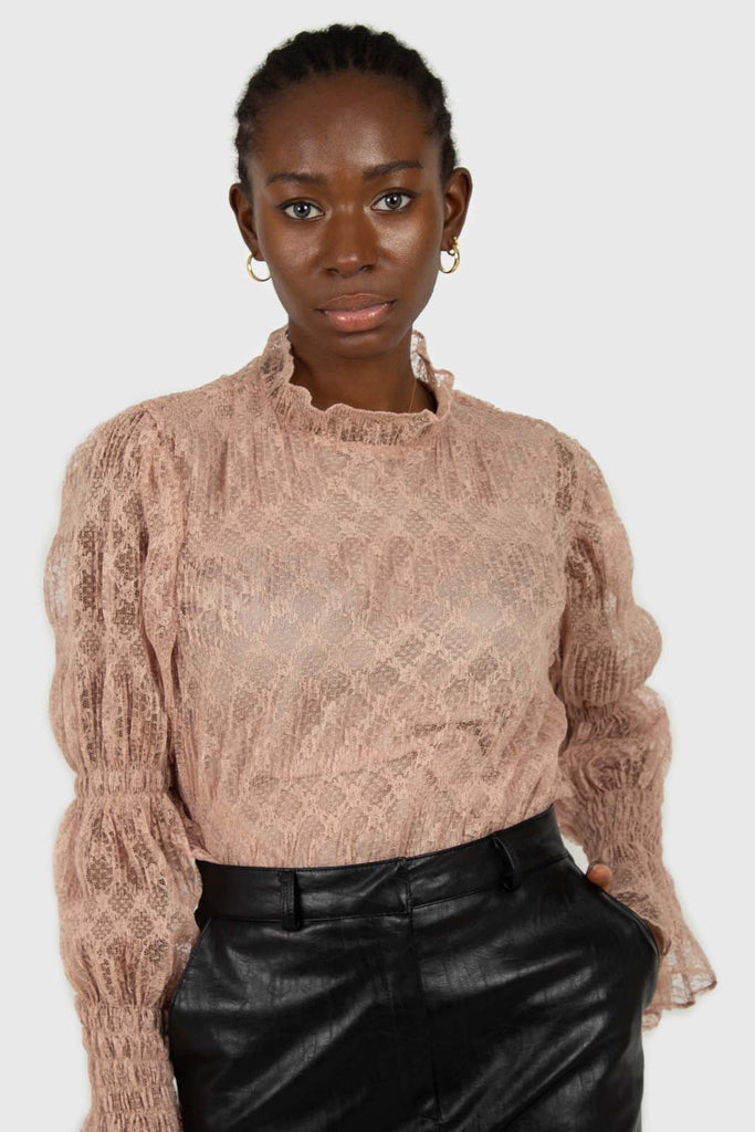 Baby pink sheer lace mock neck blouse_1