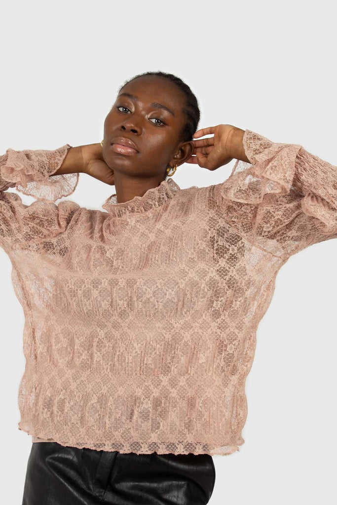 Baby pink sheer lace mock neck blouse_2
