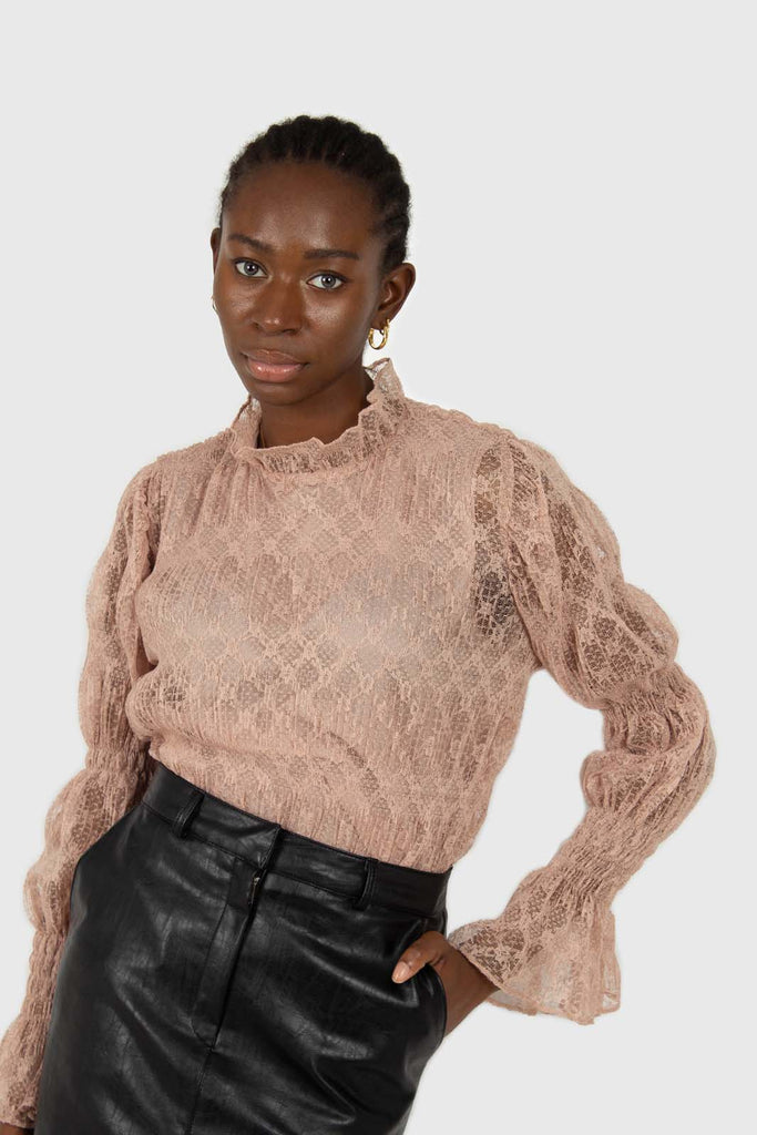 Baby pink sheer lace mock neck blouse_4