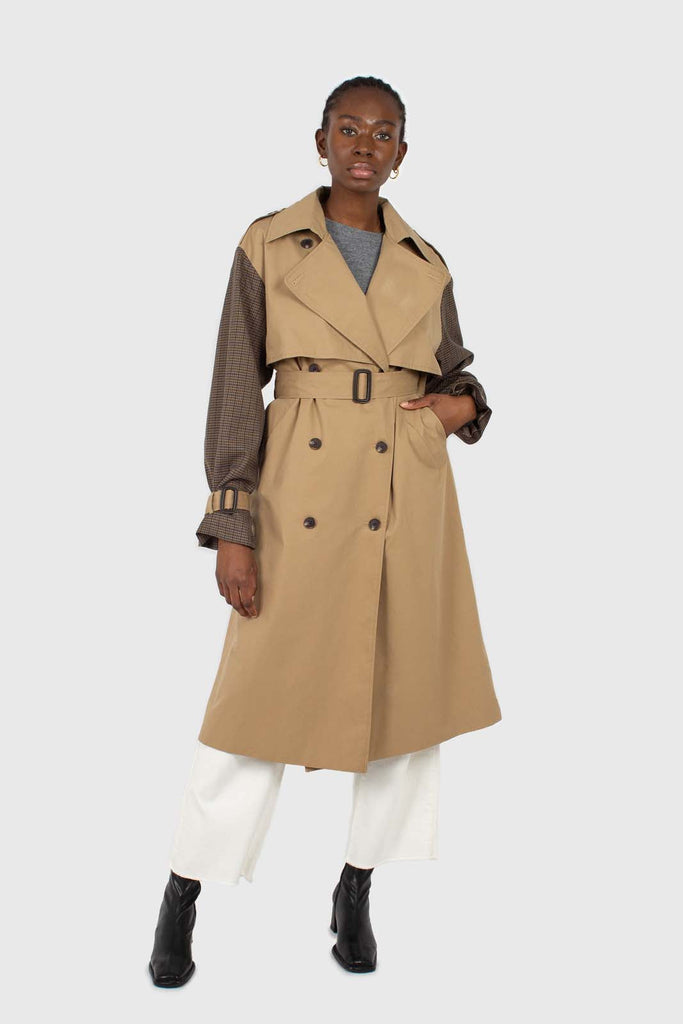 Beige and brown checked sleeve trench coat_1