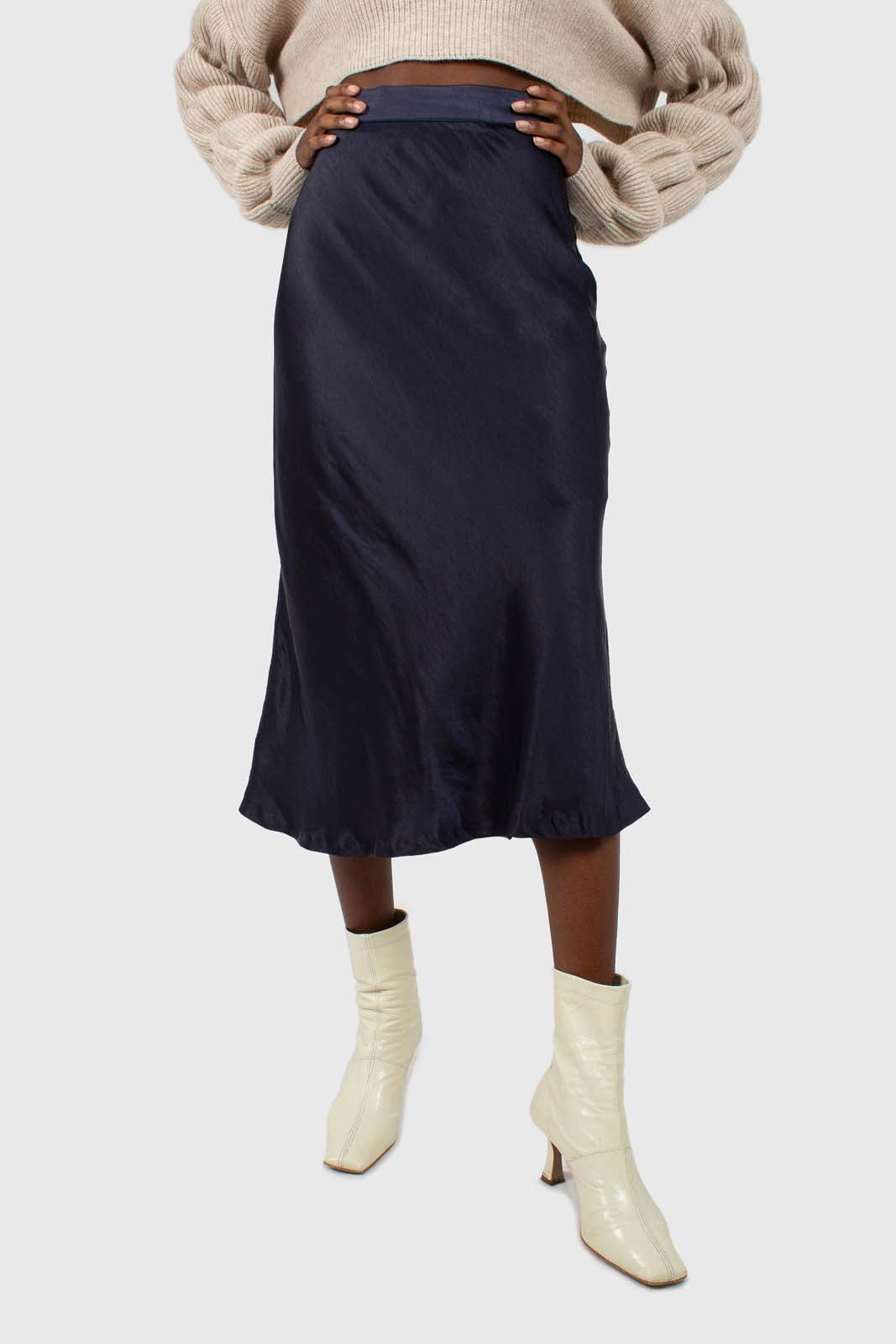 Navy satin midi skirt_3
