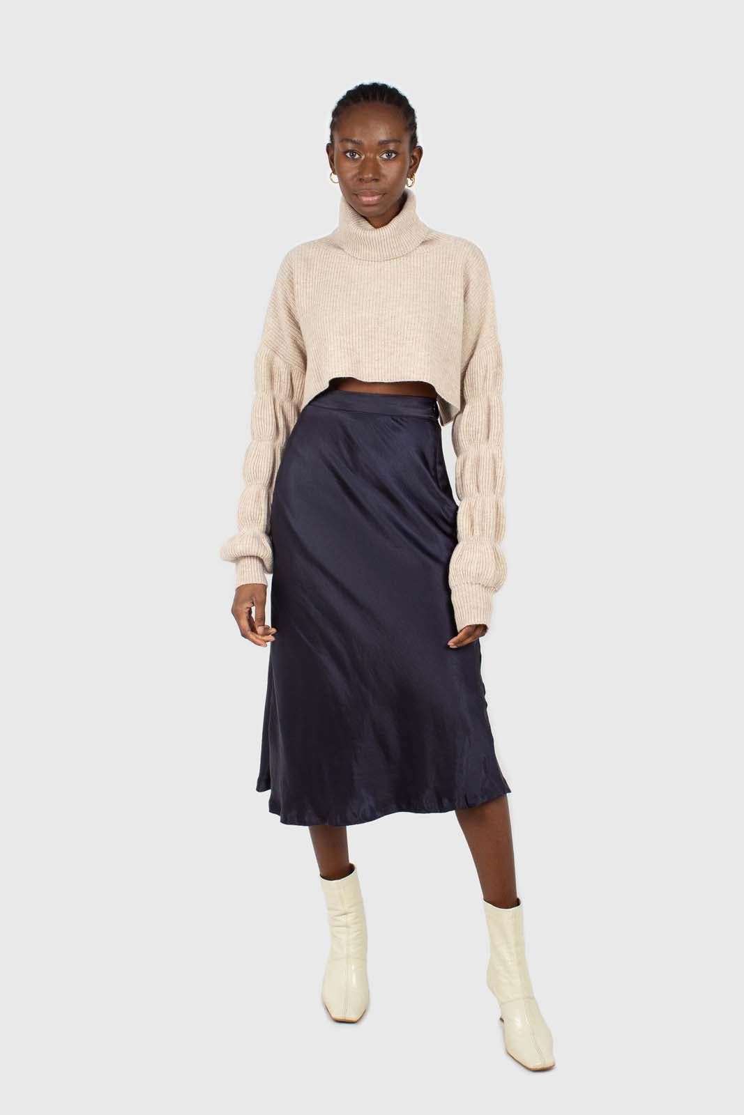 Navy satin midi skirt_2