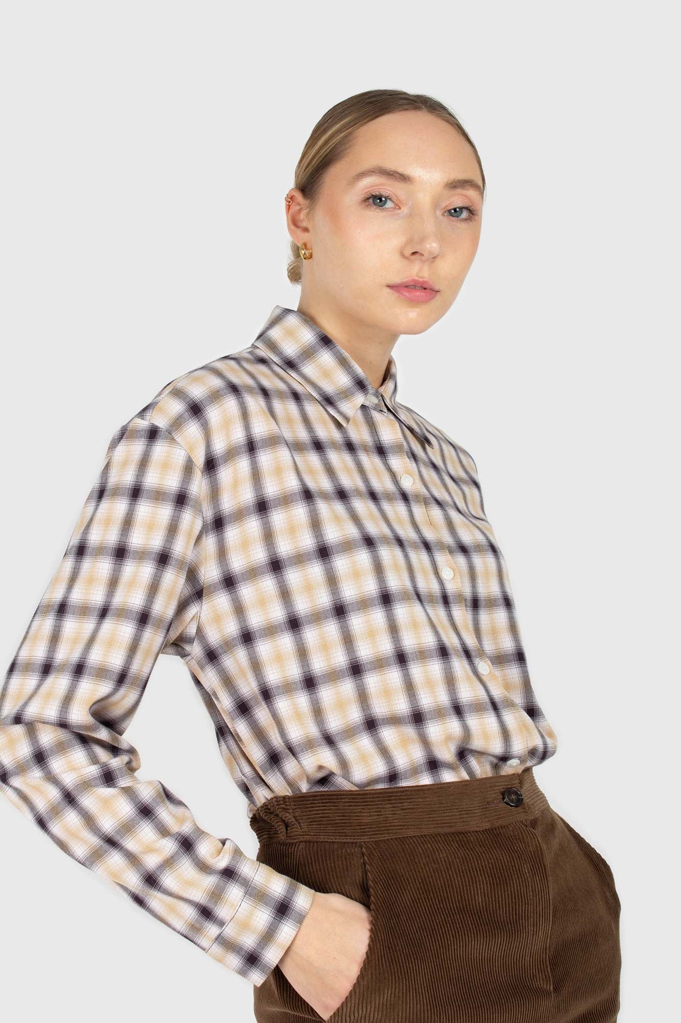Beige and black plaid soft shirt_1
