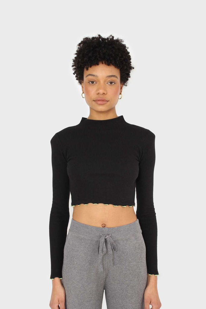 Black and neon ruffle trim cropped top_3