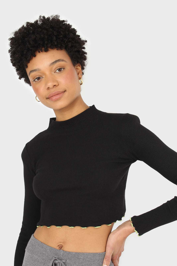 Black and neon ruffle trim cropped top_2