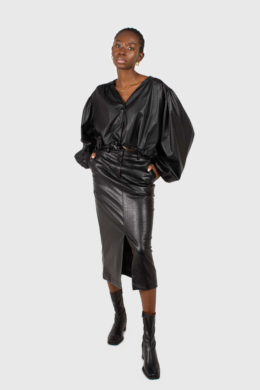 Black vegan leather v-neck puff sleeved blouse_2