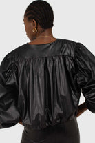 Black vegan leather v-neck puff sleeved blouse_6