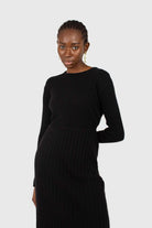Black large ribbed wool blend midi dress_12