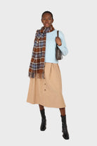 Beige button front belted midi skirt_2