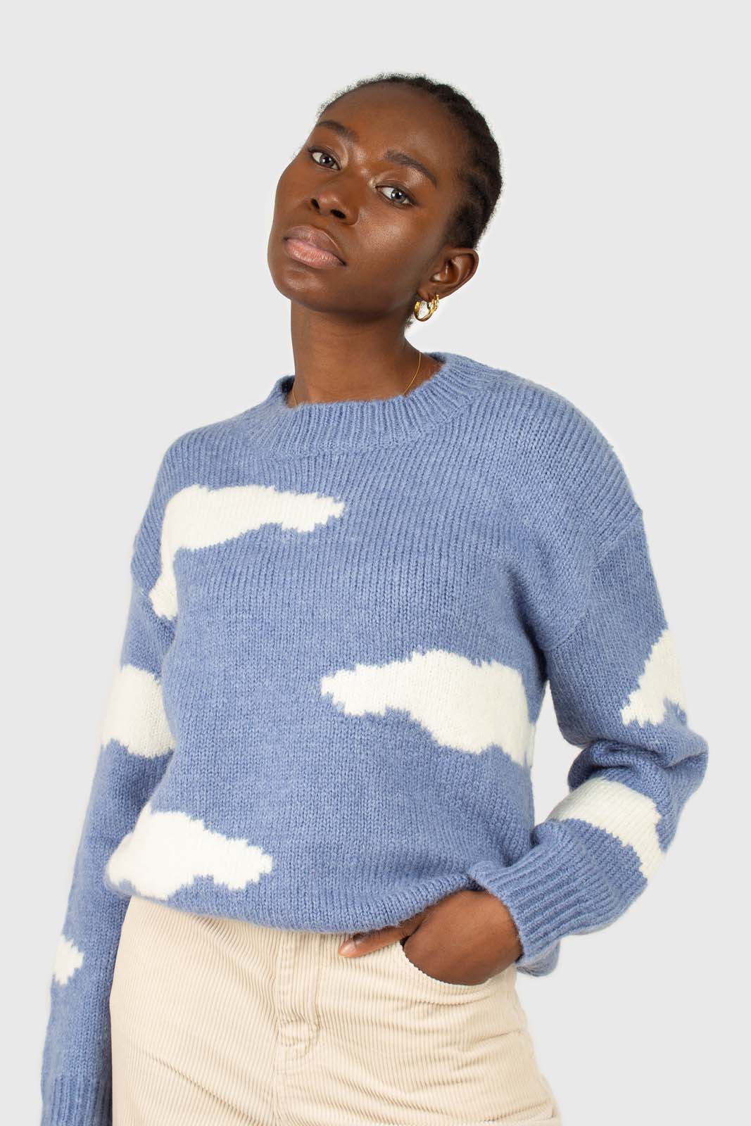 Blue and white intarsia cloud wool blend jumper