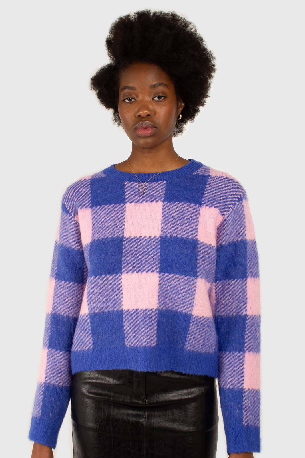 Bright blue and pink block plaid jumper_1