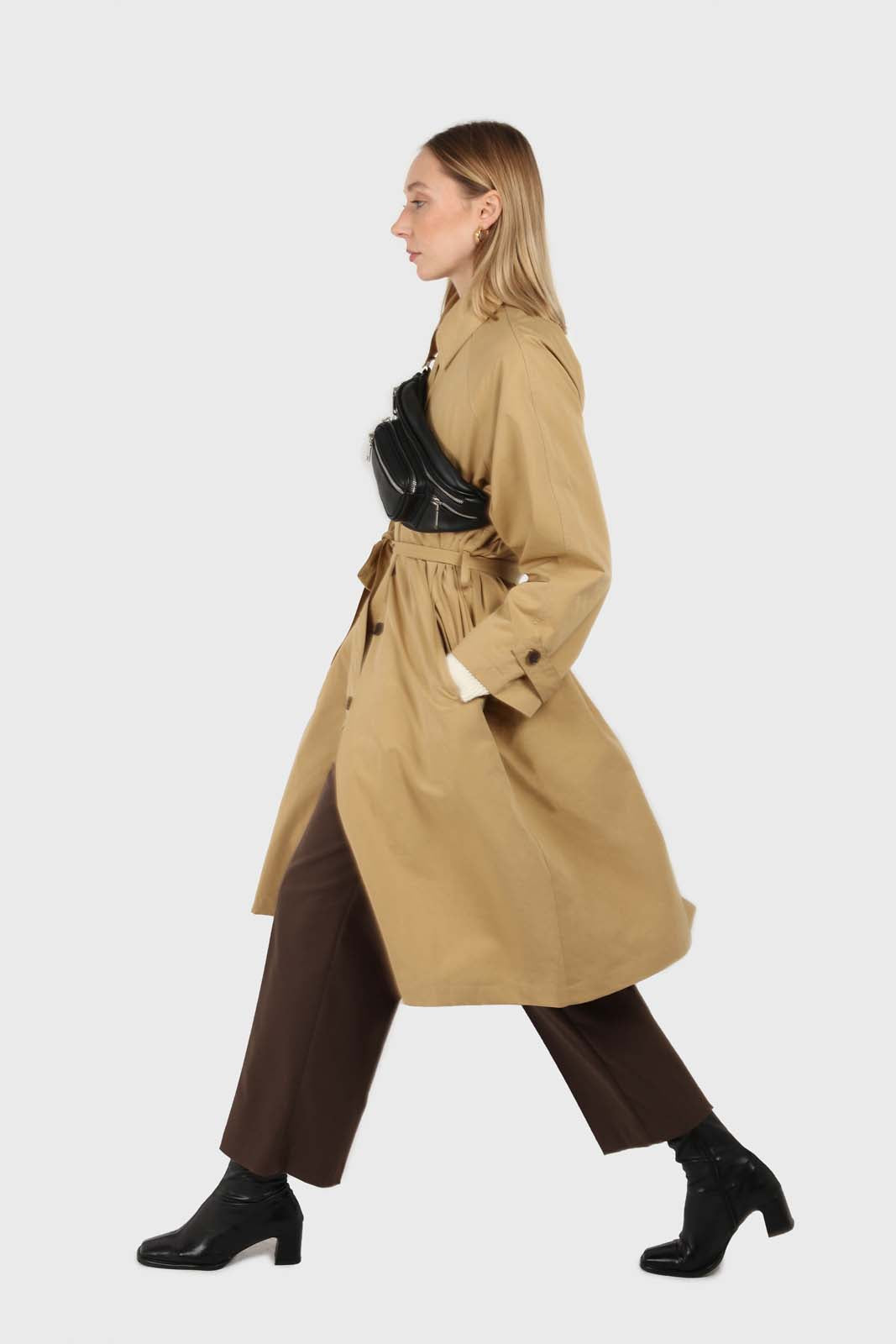 Dark beige single breasted hidden button trench coat_3