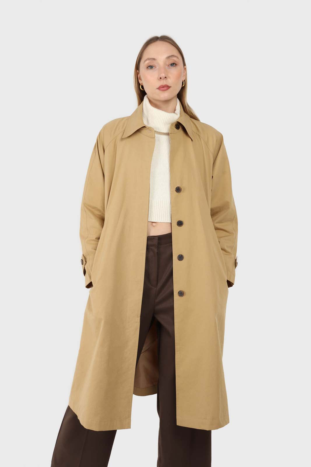 Dark beige single breasted hidden button trench coat_5