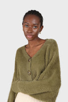 Khaki fuzzy tortoise shell button cardigan_2