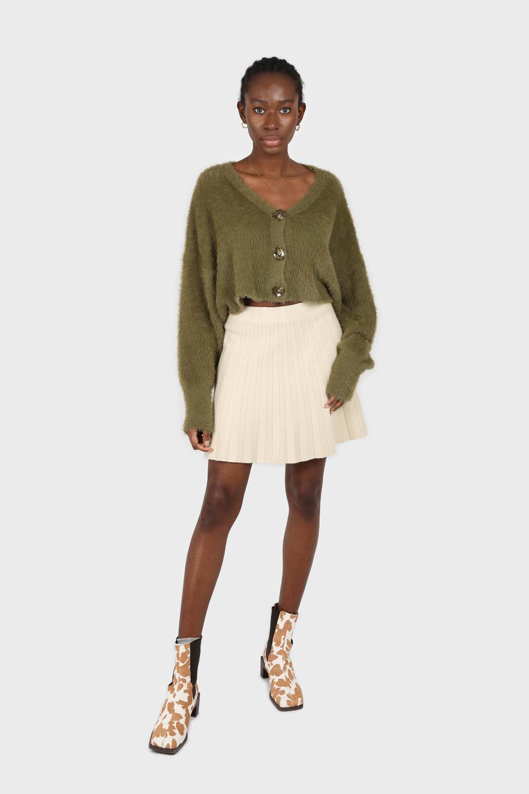 Khaki fuzzy tortoise shell button cardigan_3