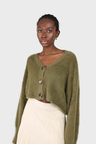 Khaki fuzzy tortoise shell button cardigan_4