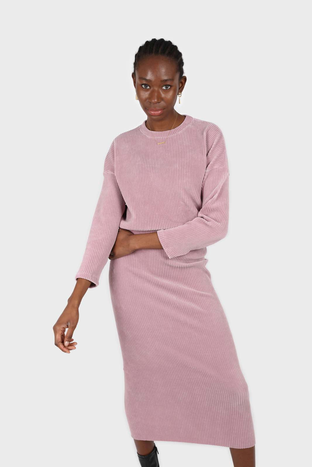 Pink ribbed velvet midi skirt_4