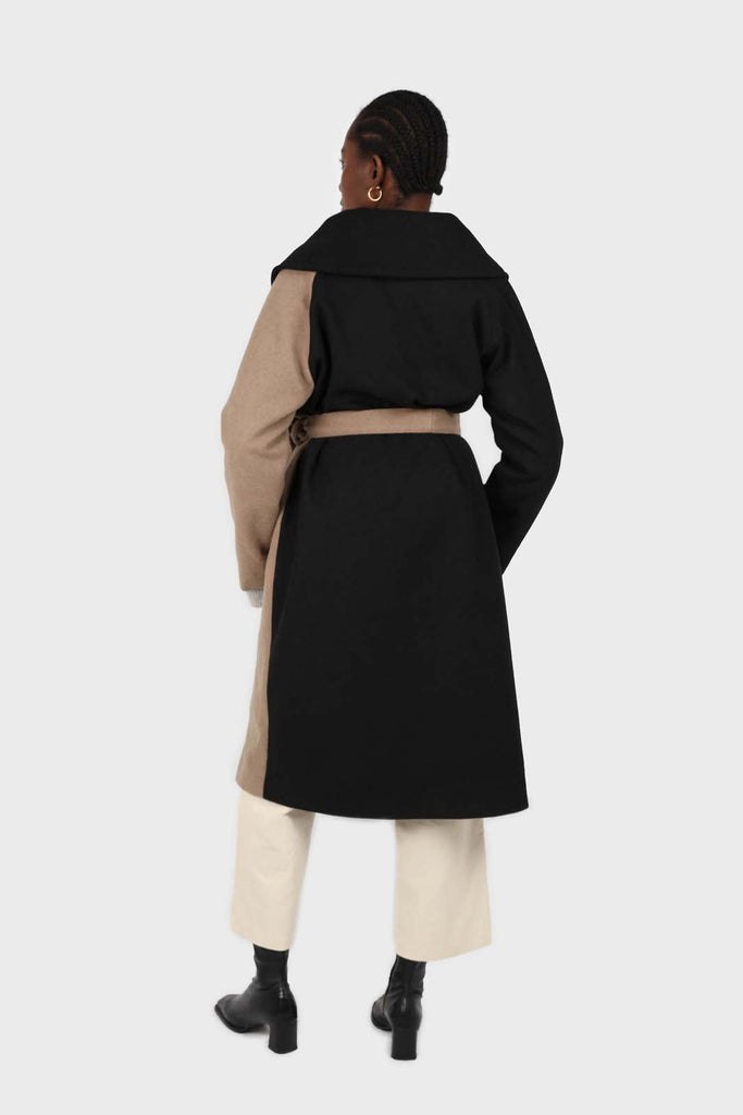 Beige and black wool blend contrast panel belted coat_4