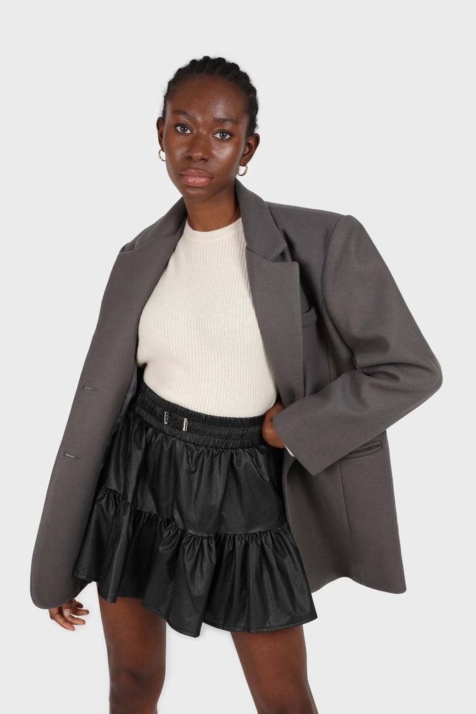 Black shiny vegan leather tiered mini skirt_1