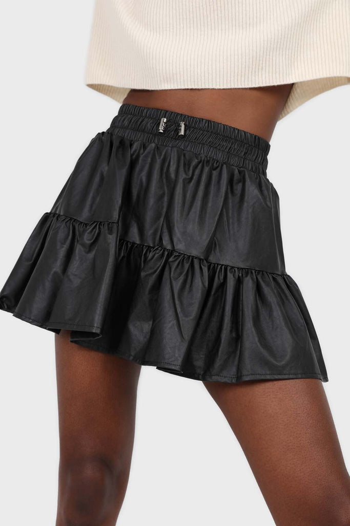 Black shiny vegan leather tiered mini skirt_3