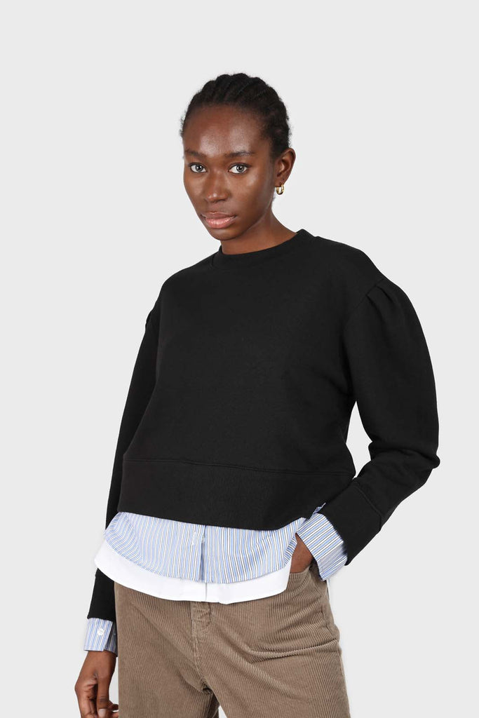 Black layered hem puff sleeved sweatshirt_1
