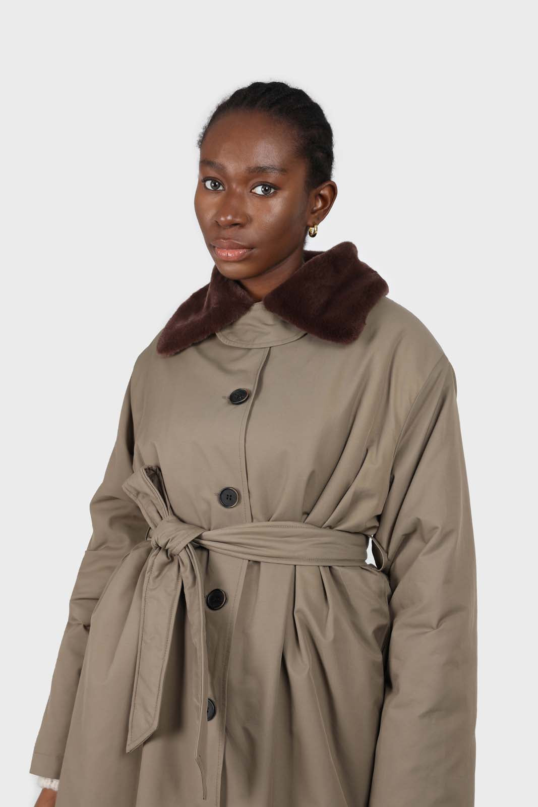 Khaki and brown faux fur collar contrast faux fur lined trench