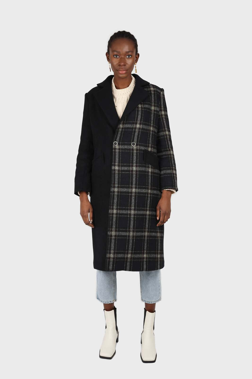 Navy contrast checked panel wool blend coat_4