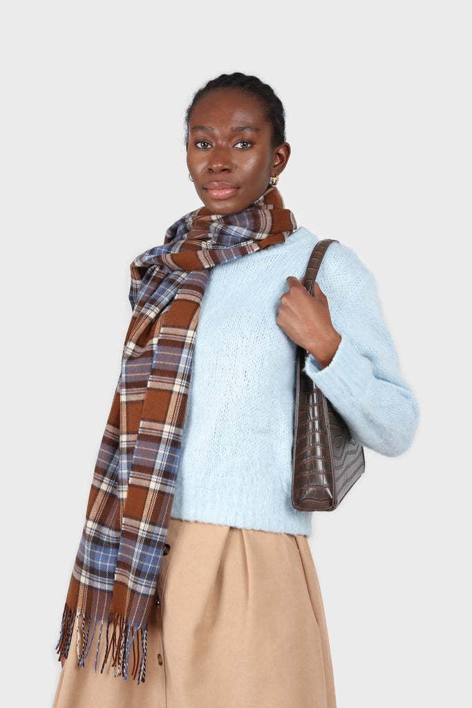Brown and blue classic plaid scarf_5