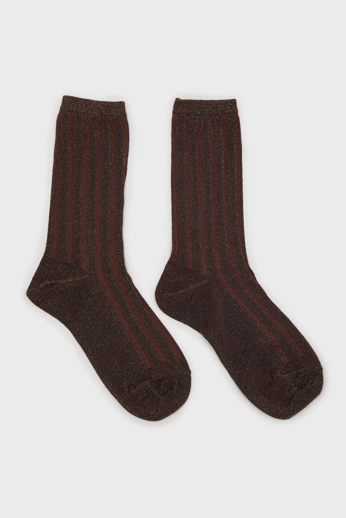 Brown contrast metallic ribbed socks_4