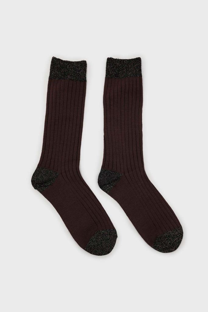 Brown contrast metallic trim socks_4