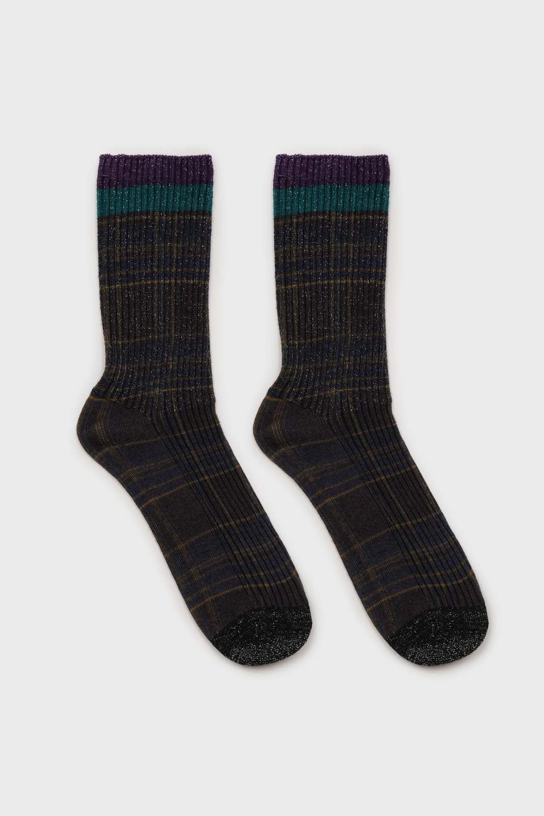 Navy and yellow metallic checked socks_4