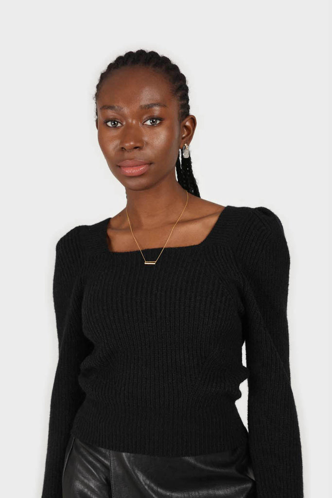 Black puff sleeved square neck knit top_1