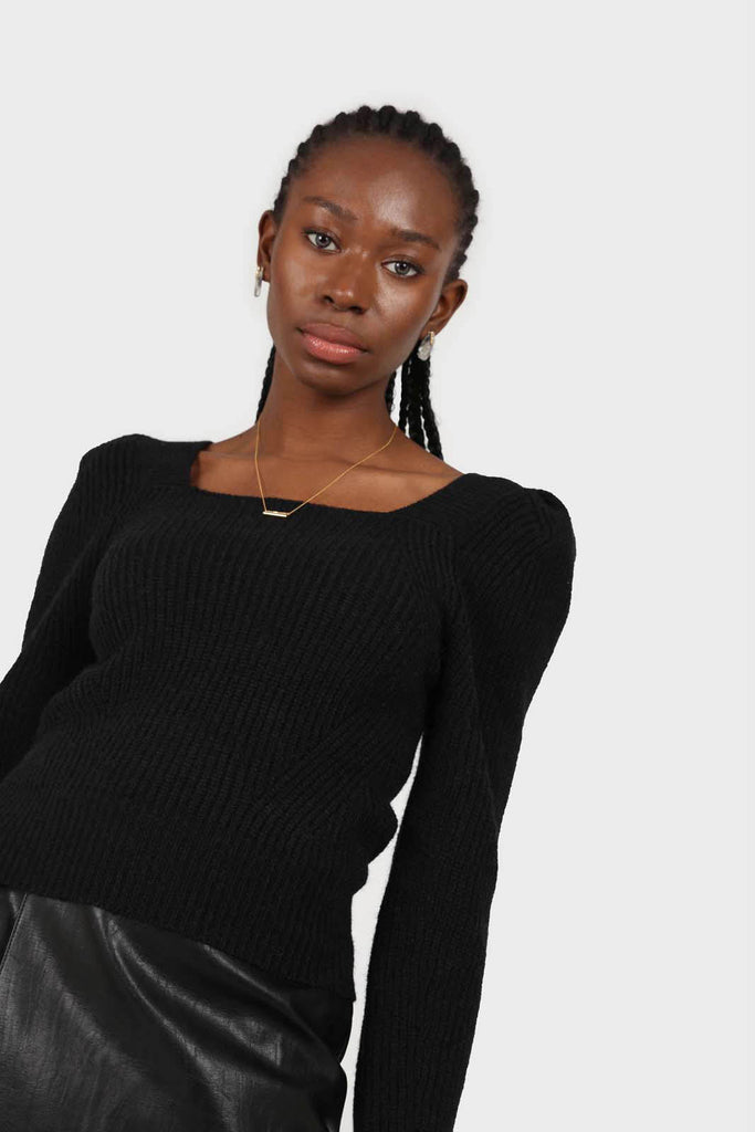 Black puff sleeved square neck knit top_4