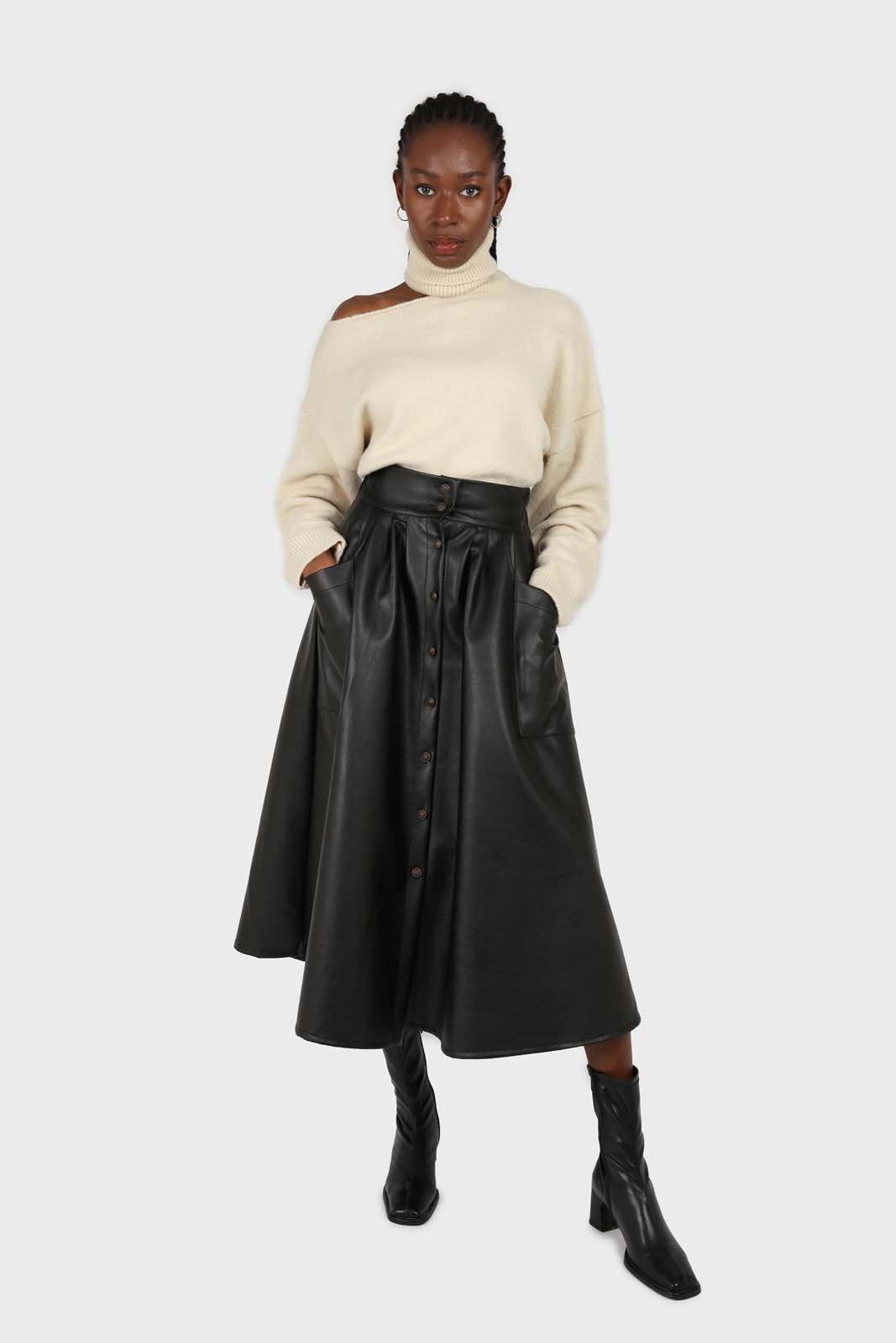 Black vegan leather button front skirt_2