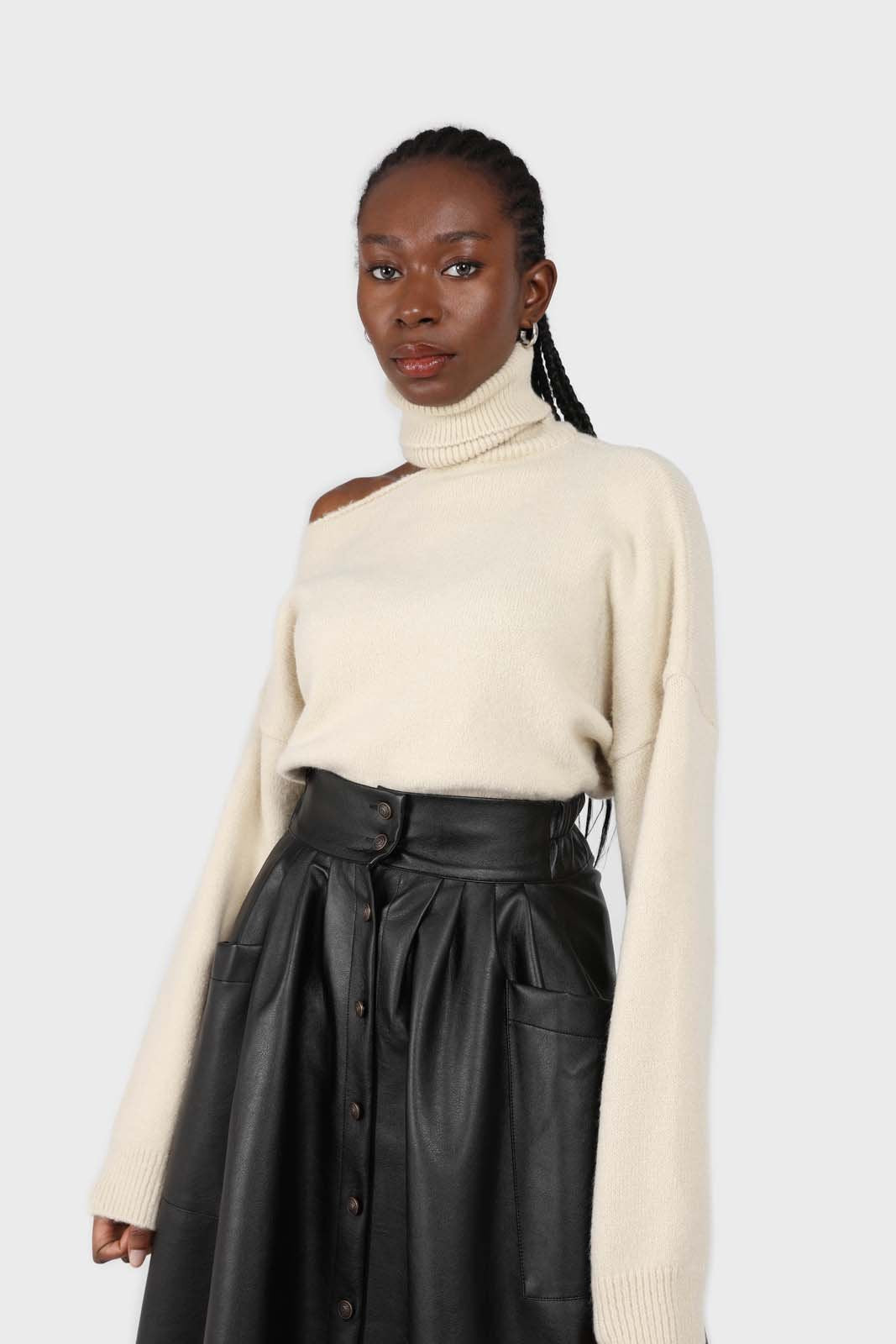 Black vegan leather button front skirt_4