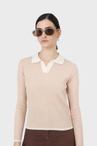 Beige and white contrast collar knit top_4