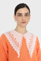 Orange large lace collar knit top_7