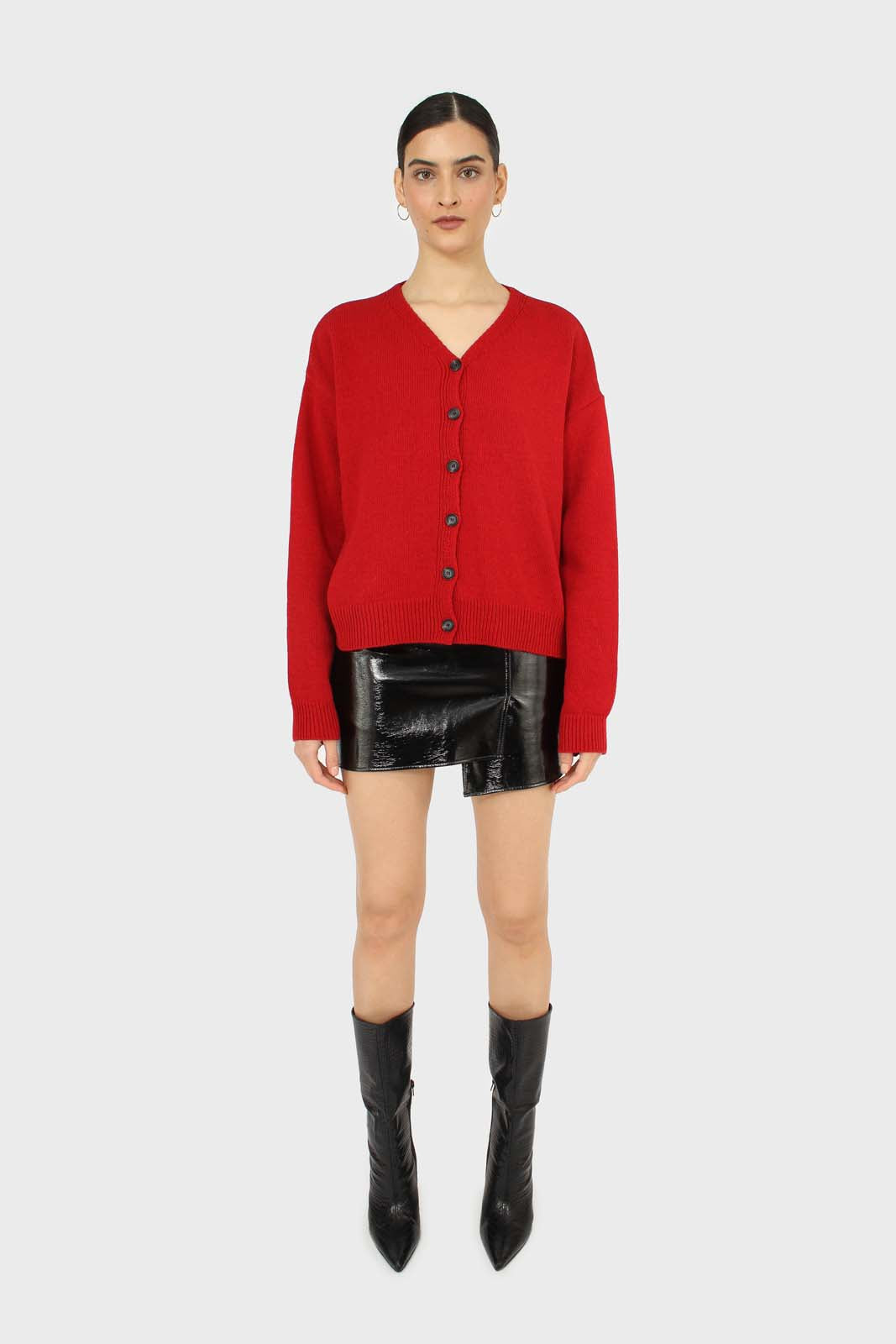 Red wool blend v-neck loose fit cardigan_2