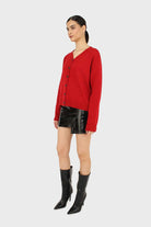 Red wool blend v-neck loose fit cardigan_3