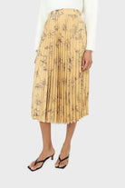 Pale yellow floral print pleated satin skirt_2