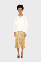 Pale yellow floral print pleated satin skirt_3